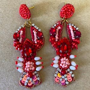 🎉🦞 Red Crawfish Beaded Iridescent Sequin Crystal Earrings Cajun Party Jewelry